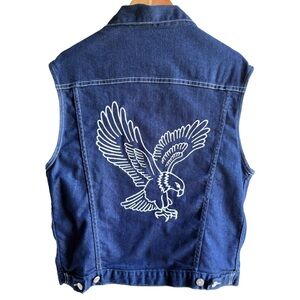 Vintage Mens Biker Denim Vest Embroidered Eagle Size Medium Trucker Blue Wash